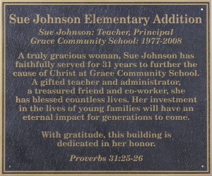 Plaque dedicating Sue Johnson Elementary Addition