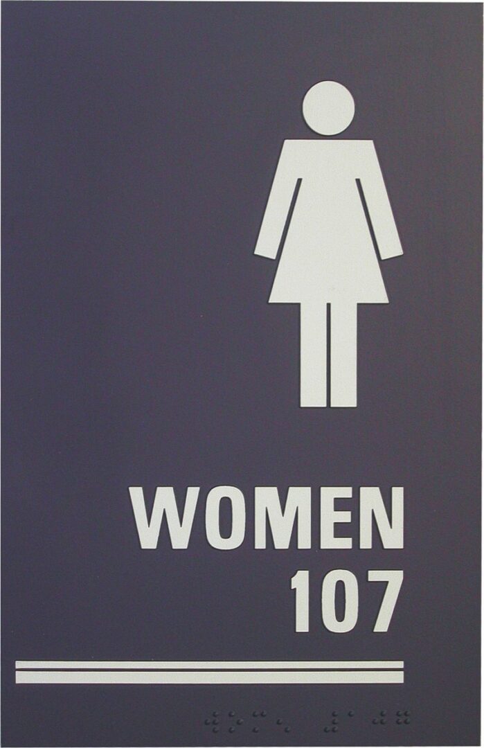 Female restroom sign, room 107