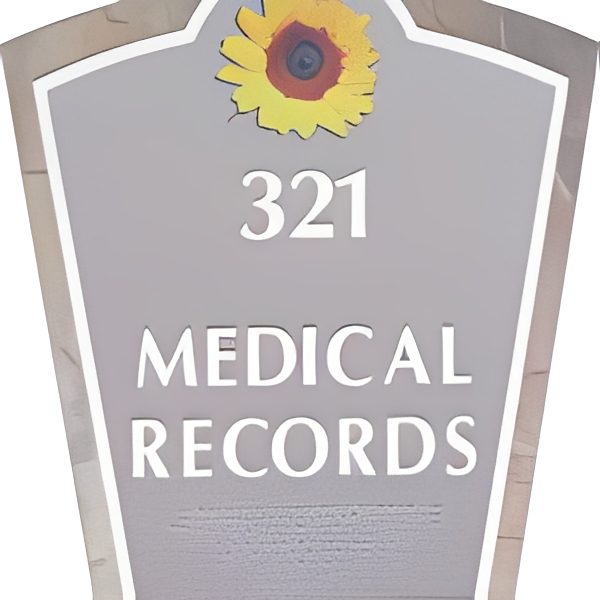 Gray medical records sign, room 321